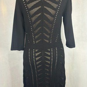 Calvin Klein black knit bodycon fishnet cocktail dress with 3/4 sleeves